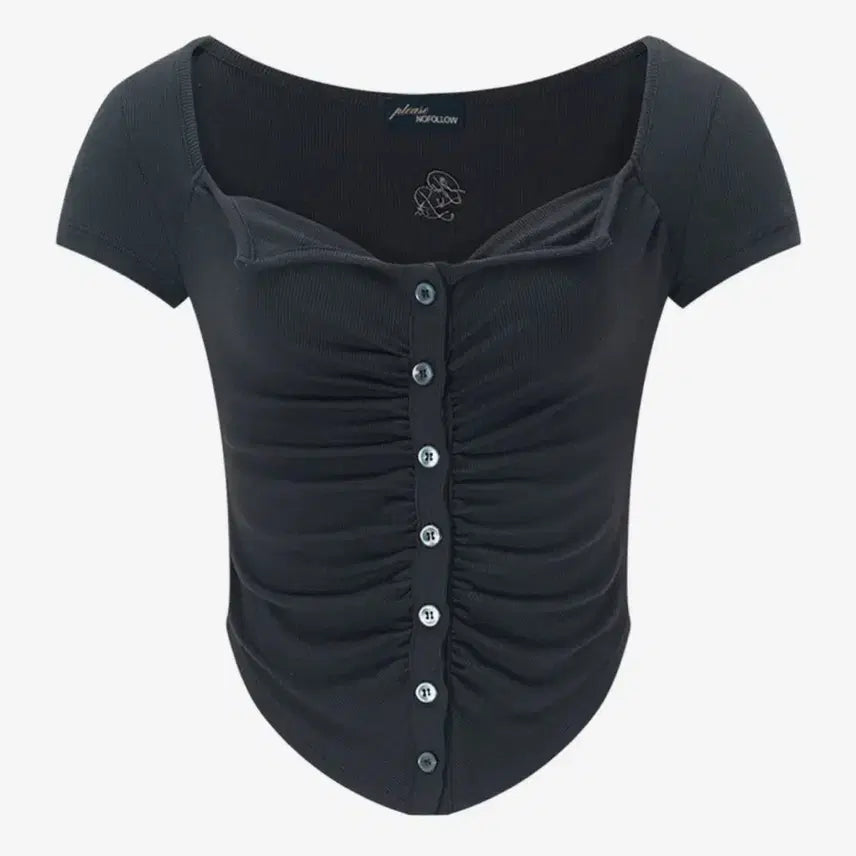 [BUNJANG] Please No Follow Kaya Button Shirring Short Sleeve Top (Charcoal) / 플리즈노팔로우 Kaya Button Shirring Short Sleeve Top (Charcoal)
