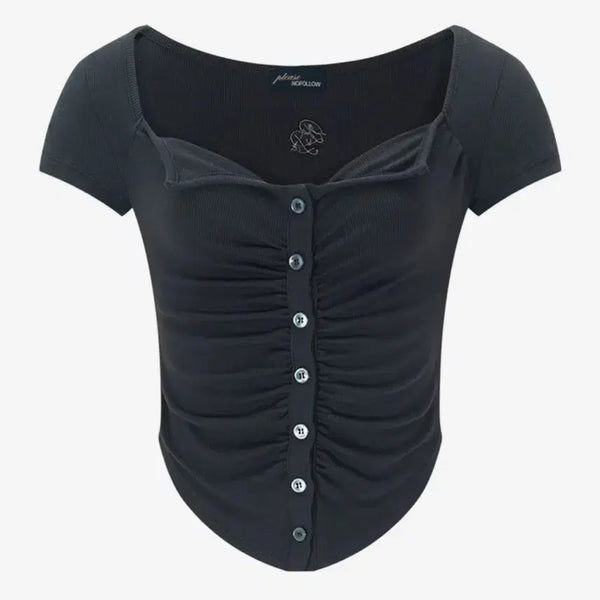 [BUNJANG] Please No Follow Kaya Button Shirring Short Sleeve Top (Charcoal) / 플리즈노팔로우 Kaya Button Shirring Short Sleeve Top (Charcoal)