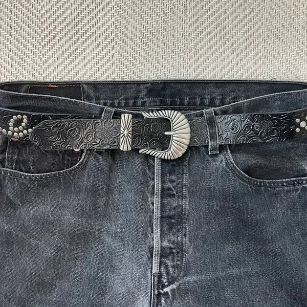 [BUNJANG] Vintage Western Floral Studded Tooling Leather Belt / 빈티지 웨스턴 플로럴 스터드 툴링 벨트