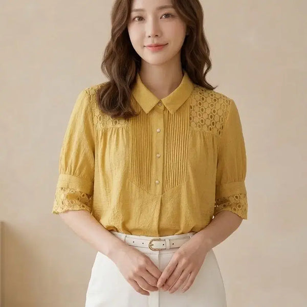 [BUNJANG] MCGINN Yellow Punching Lace Pintuck Blouse (Size S/55) / 미사용)매긴(MCGINN) 옐로우 펀칭 레이스 핀턱 블라우스 S(55)