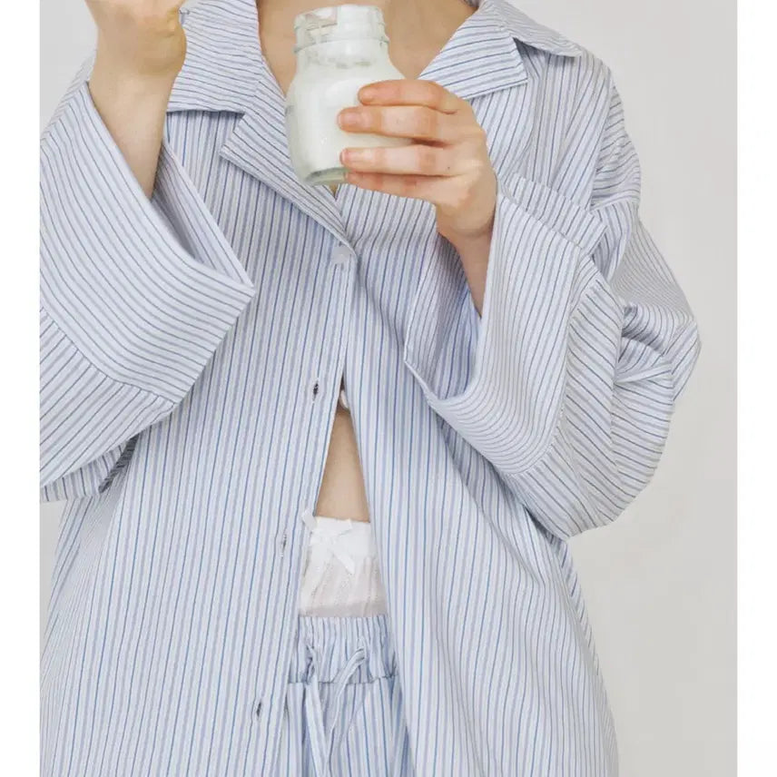 [BUNJANG] O KITTY Dormitory Double Ticking Stripe Pajamas White/Blue L / 오끼뜨 도미토리 더블 티킹 스트라이프 파자마 화이트블루 L 라지