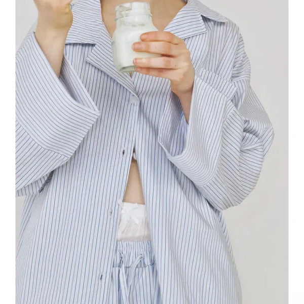 [BUNJANG] O KITTY Dormitory Double Ticking Stripe Pajamas White/Blue L / 오끼뜨 도미토리 더블 티킹 스트라이프 파자마 화이트블루 L 라지