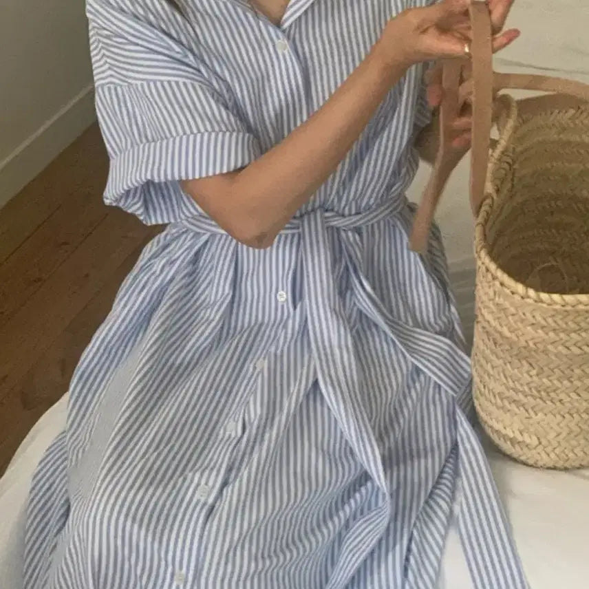 [BUNJANG] Come Here Stripe Henry Neck Long Dress / 컴히얼 원피스 스트라이프