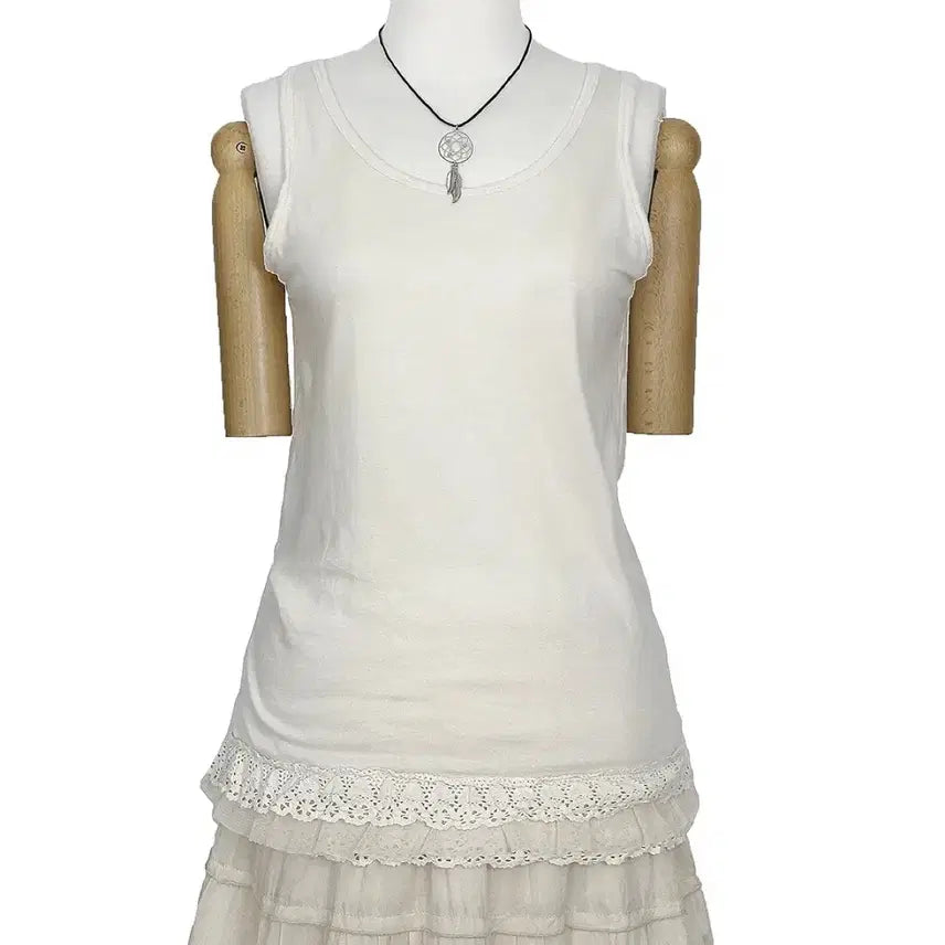 [BUNJANG] Vintage Layered Lace Sleeveless Top Light Beige / 일본빈티지 밑단레이스믹스 레이어드민소매나시티 라이트베이지 모리걸갸루y2k히피에스닉