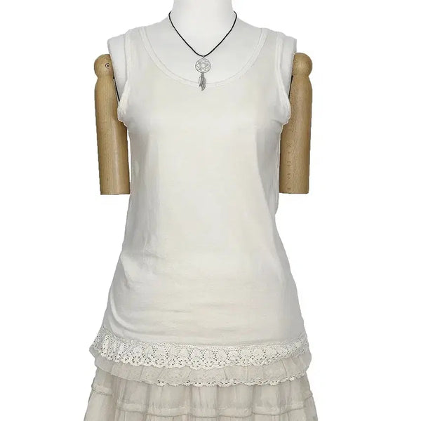 [BUNJANG] Vintage Layered Lace Sleeveless Top Light Beige / 일본빈티지 밑단레이스믹스 레이어드민소매나시티 라이트베이지 모리걸갸루y2k히피에스닉