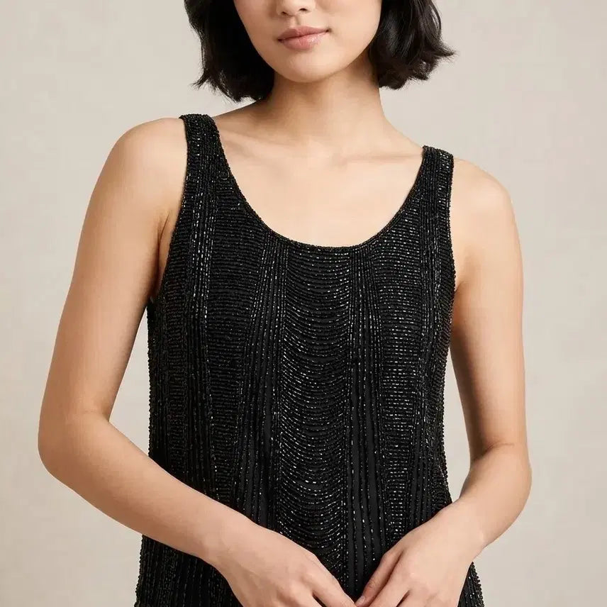 [BUNJANG] Black Beaded Bustier Sleeveless Top - Vintage Evening Look / 블랙 비즈 뷔스티에 민소매 탑 / 빈티지 이브닝룩