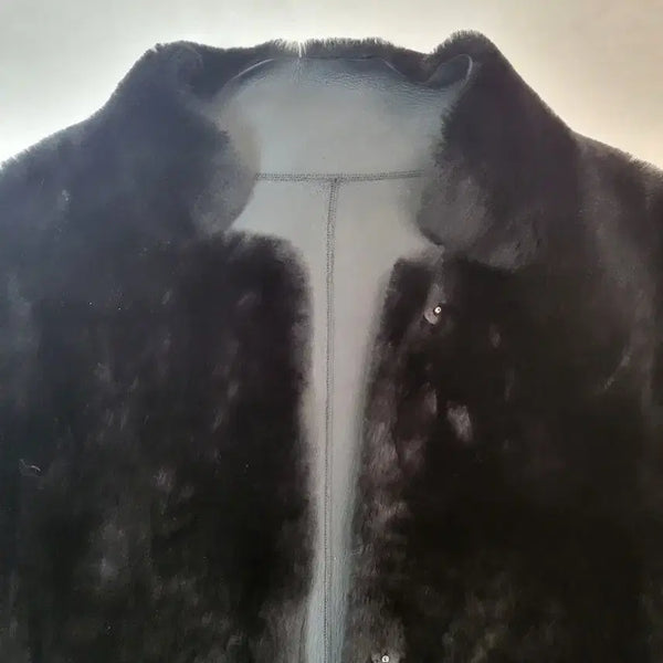[BUNJANG] Black Faux Shearling Lined Leather Biker Jacket / 블랙 리얼 무스탕 코트