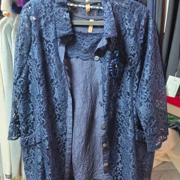 [BUNJANG] Navy Lace Jacket Set (Blouse Included) / 네이비 레이스 자켓세트 105(88)
