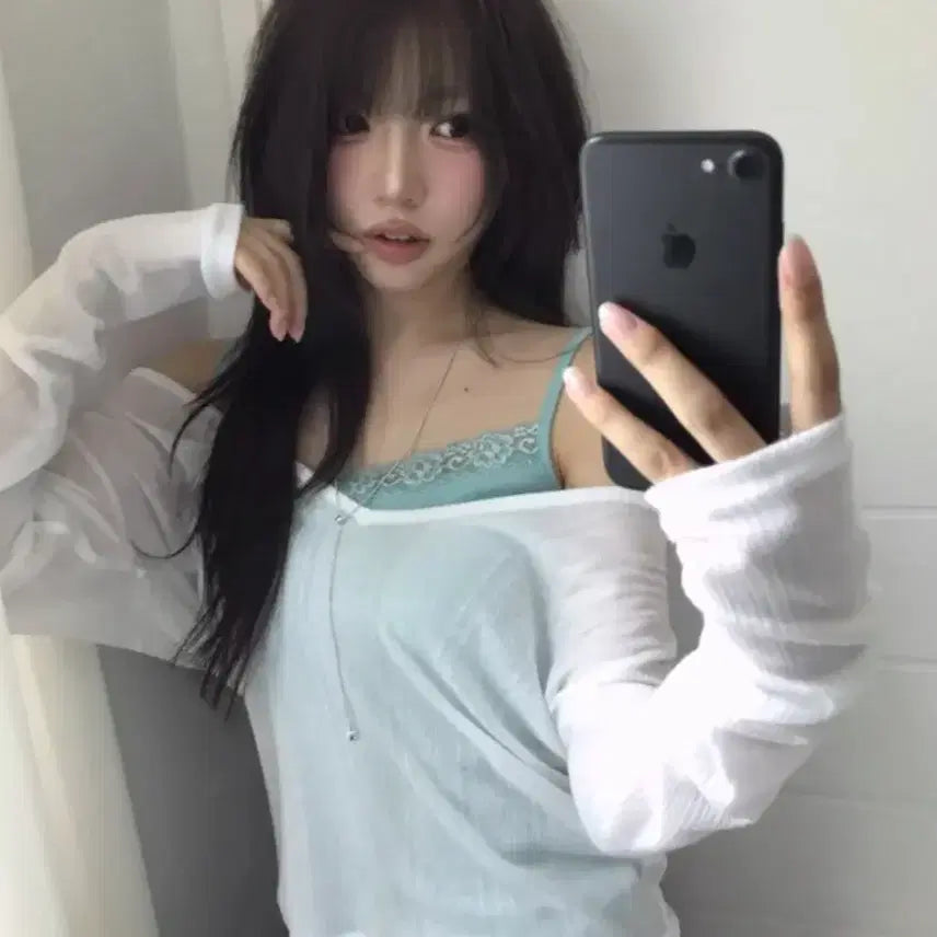 [BUNJANG] Ribbed Racerback Tank Top (Mint) & Deep V-Neck Sheer Long-Sleeve T-Shirt (Ivory) / 유색 레이스 스퀘어 골지 나시 민트 + 딥브이넥 골지 라인 시스루 긴팔 티셔츠 아이보리