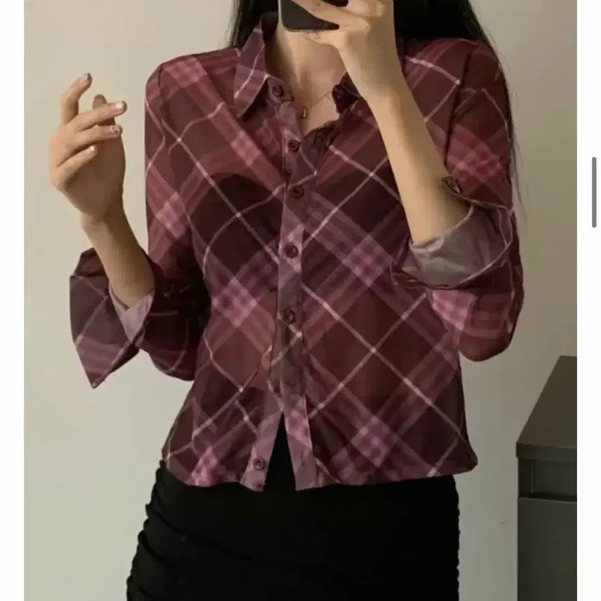 [BUNJANG] Pink Check See-Through Blouse Shirt / 핑크 체크 시스루 블라우스 셔츠