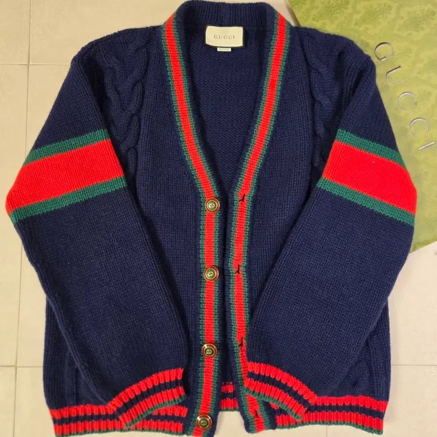 [BUNJANG] Gucci Cable Web Stripe Knit Cardigan Oversized / 정품 구찌 케이블 웹삼선 니트 가디건 오버사이즈