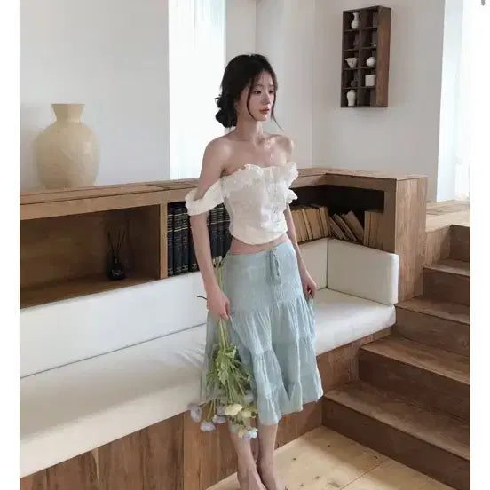 [BUNJANG] Cloud Emotion Set Sky Blue Mini Skirt Off Shoulder Top / 클라우드이모션 세트