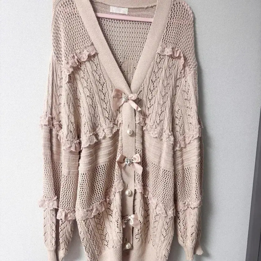 [BUNJANG] Lizlisa Ladder Ribbon Long Cardigan Pink / 리즈리사 사다리 리본 롱가디건 핑크 양지뢰 양산형