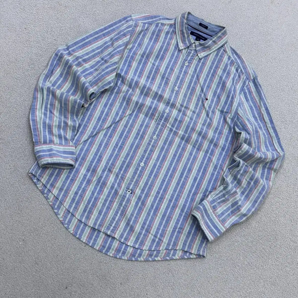 [BUNJANG] Tommy Hilfiger Men's Striped Long-Sleeve Polo Shirt / M 타미힐피거 남성 스트라이프 긴팔 카라 셔츠 0617E2