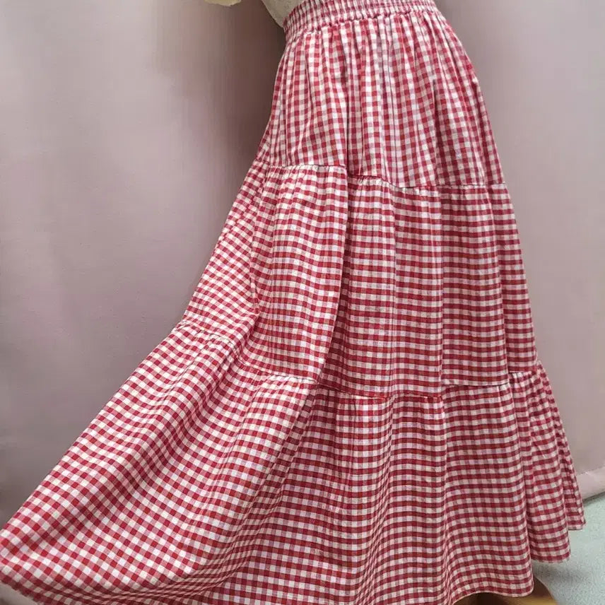 [BUNJANG] Red Check Diagonal Ruffle Long Skirt / 레드 체크 사선 캉캉 롱스커트