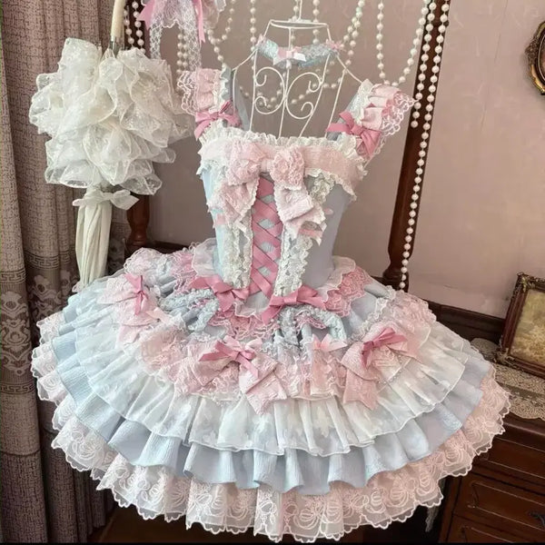 [BUNJANG] Light Blue Pink Lace Ribbon Lolita Dress / 로리타 드레스 하늘색 핑크 레이스 리본
