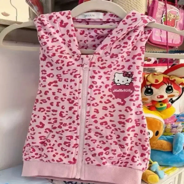 [BUNJANG] Hello Kitty Leopard Print Hooded Vest Gal / 헬로키티 레오파드 무늬 후드 조끼 갸루