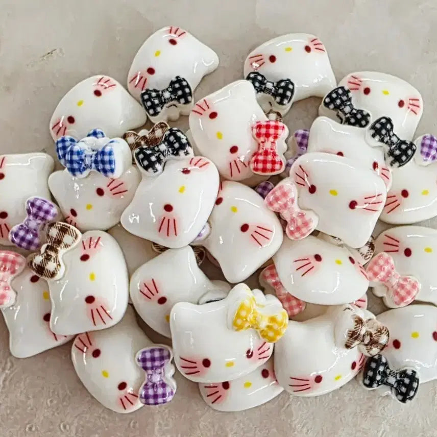 [BUNJANG] Check Ribbon Kitty Charms Set / 파츠 체크리본키티 7색 28개 일괄