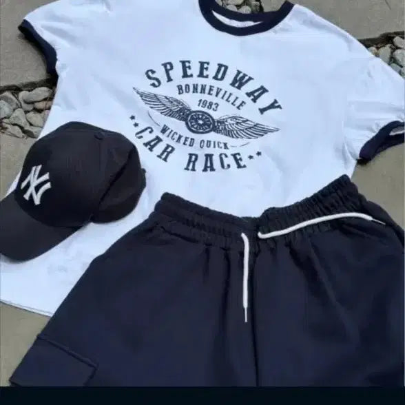 [BUNJANG] Speedway Printed Short Sleeve T-Shirt Set / 스피드웨이 반팔 티셔츠