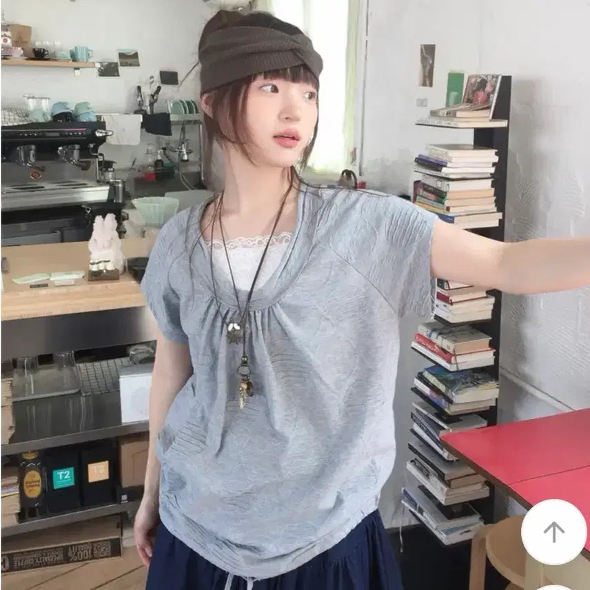 [BUNJANG] Vintage Dot Layered Off-Shoulder Loose Fit T-Shirt - Grey / 빈티지 도트 레이어드 오프숄더 루즈핏 티셔츠 그레이