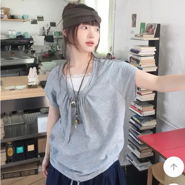 [BUNJANG] Vintage Dot Layered Off-Shoulder Loose Fit T-Shirt - Grey / 빈티지 도트 레이어드 오프숄더 루즈핏 티셔츠 그레이