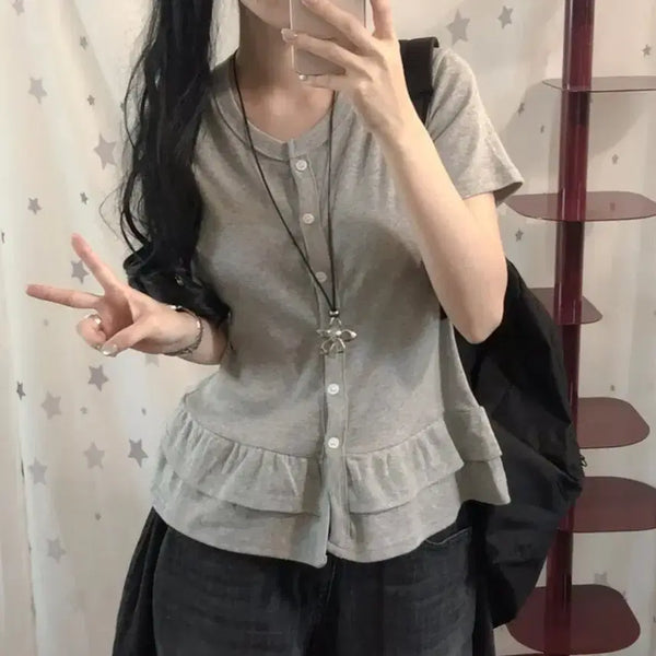 [BUNJANG] Frill Button Short Sleeve Cardigan T-Shirt Grey / 에이블리 프릴 단추 가디건 반팔 티셔츠 그레이 회색 옷