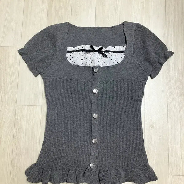 [BUNJANG] Dot Ribbon Frill Knit Short Sleeve / 도트 리본 프릴 니트 반팔