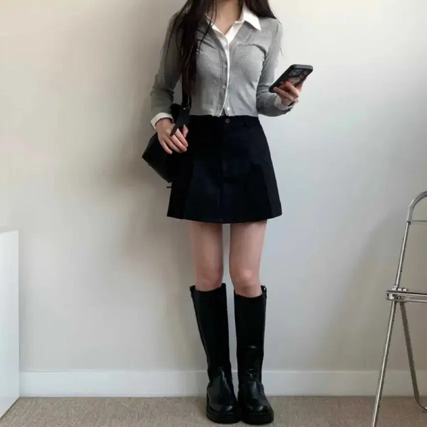[BUNJANG] Ablu Cotton Canvas Pleated Mini A-Line Skort with Built-in Shorts / 에이블리 코튼 캔버스 하이웨스트 플리츠 미니 A라인 치마바지 속바지내장 스커트 기본S