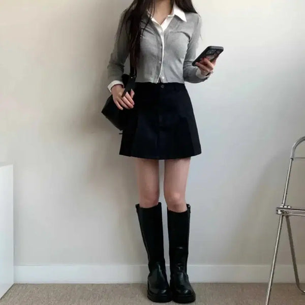 [BUNJANG] Ablu Cotton Canvas Pleated Mini A-Line Skort with Built-in Shorts / 에이블리 코튼 캔버스 하이웨스트 플리츠 미니 A라인 치마바지 속바지내장 스커트 기본S