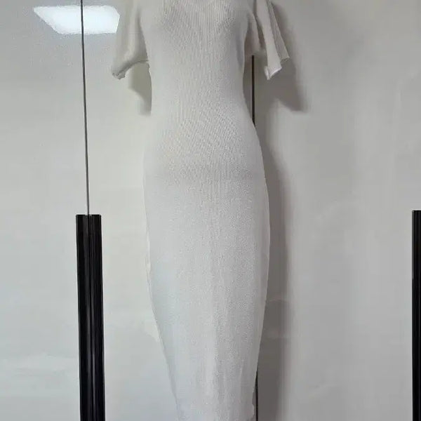 [BUNJANG] V-Neck Ribbed Knit Dress White / 브이넥 골지 니트 원피스 화이트