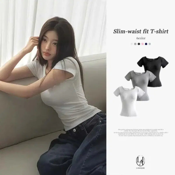 [BUNJANG] Rainy Basic Layered Slim Fit Round Neck Short Sleeve T-Shirt Black M / (새상품) 에이블리 라이니 기본 레이어드 슬림핏 라운드넥 기본 이너 반팔티 블랙M
