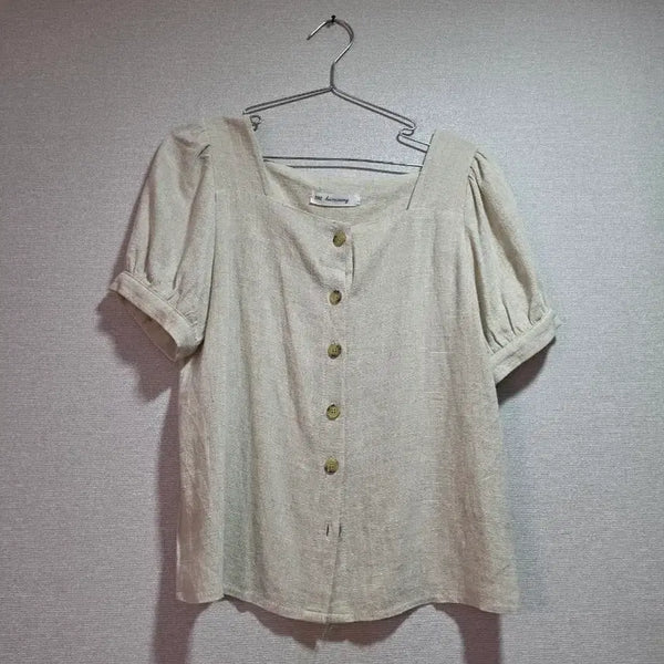 [BUNJANG] Square Neck Puff Sleeve Linen Blouse - Beige / 스퀘어넥 퍼프소매 린넨 블라우스 베이지