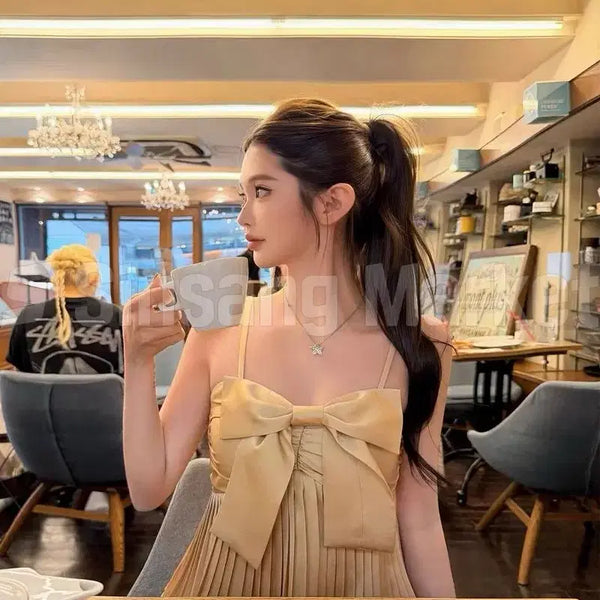[BUNJANG] Ribbon Pleated Satin Camisole Blouse / [빠른발송] 리본 플리츠 탑 나시 블라우스 새틴 끈나시