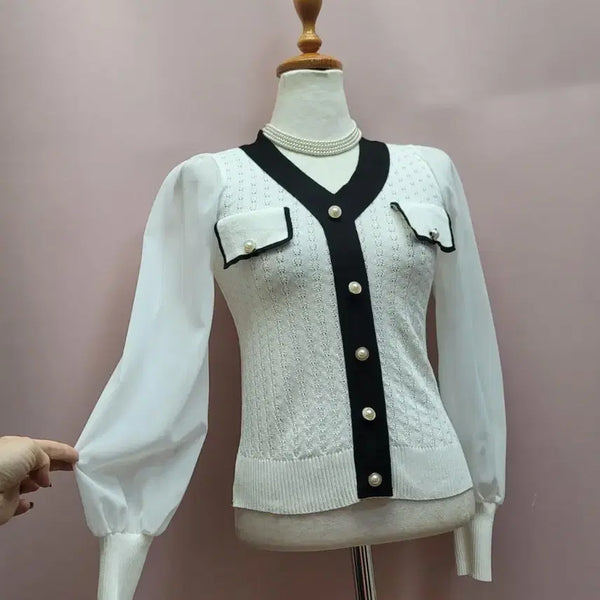 [BUNJANG] Pearl Contrast See-Through Sleeve Punching Knit / 진주 배색 시스루 소매 펀칭 니트