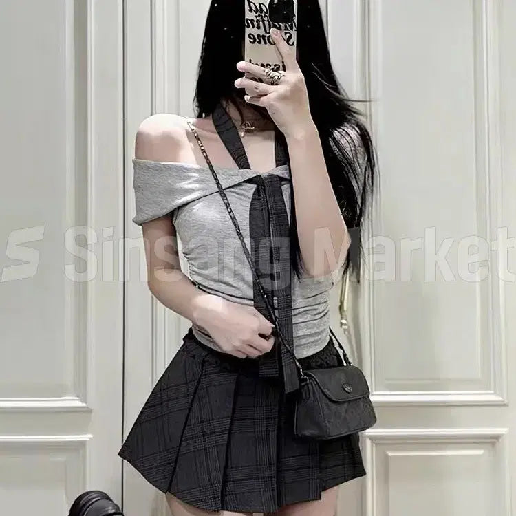[BUNJANG] Bibi Off-Shoulder Top and Inner Pants Set / [빠른발송] 비비 타이 set 세트 오프숄더 속바지 슬림 데일리