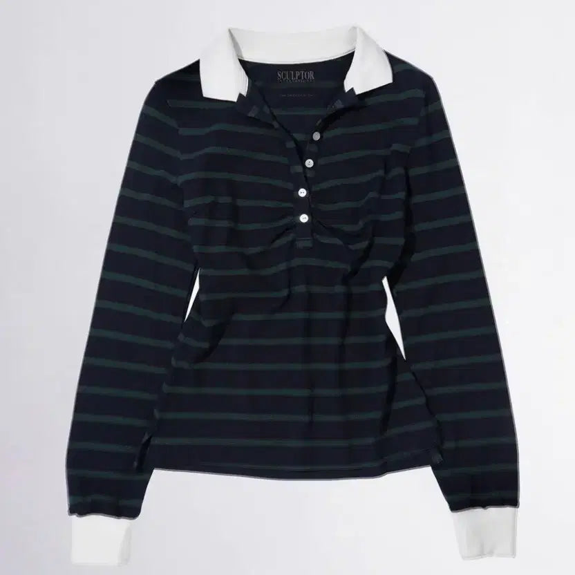 [BUNJANG] Sculptor Shirring Tennis Shirt Navy/Green Stripe / 스컬프터 셔링 테니스 셔츠 네이비/그린 스트라이프