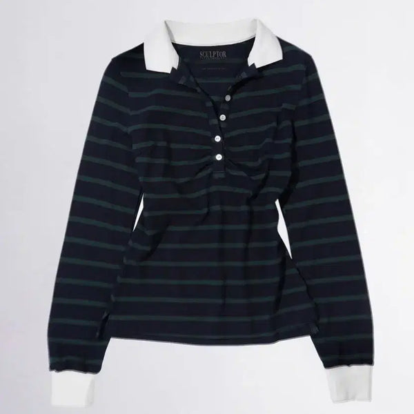 [BUNJANG] Sculptor Shirring Tennis Shirt Navy/Green Stripe / 스컬프터 셔링 테니스 셔츠 네이비/그린 스트라이프