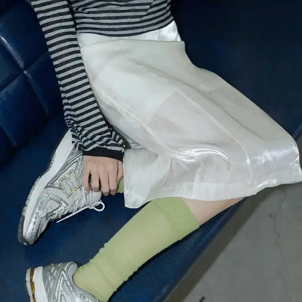[BUNJANG] Michiko Koshino Glossy Layered Midi Skirt / 미치코런던 코시노 미디스커트