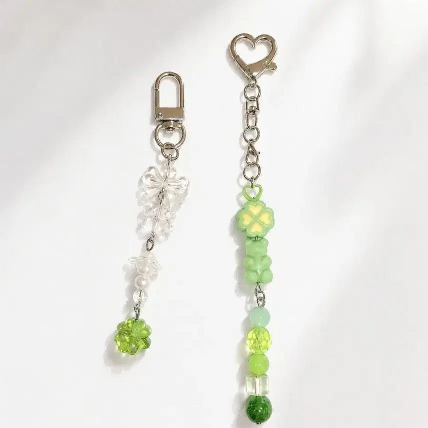 [BUNJANG] Beaded Keychain Set - Green Clover Bear Design / 비즈 키링 세트 그린