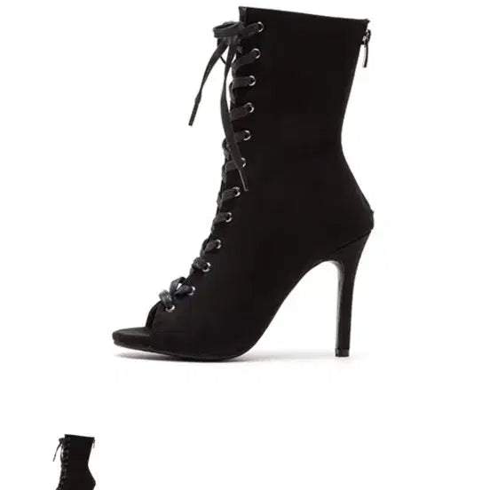 [BUNJANG] Sseamiz Suede Lace-up Open-toe Heels (Black) / 씨미즈 스웨이드 레이스업 오픈토힐 (블랙)