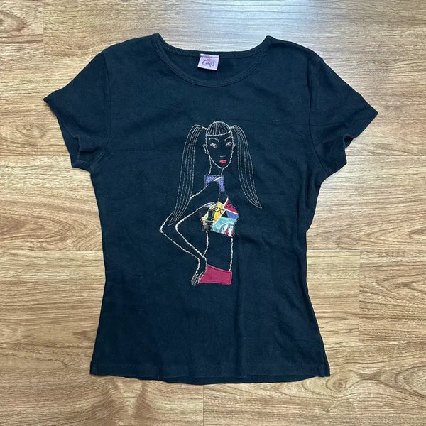[BUNJANG] Vintage Patchwork Illustration Black Short Sleeve T-Shirt / 빈티지 패치워크 일러스트 블랙 반팔 티셔츠