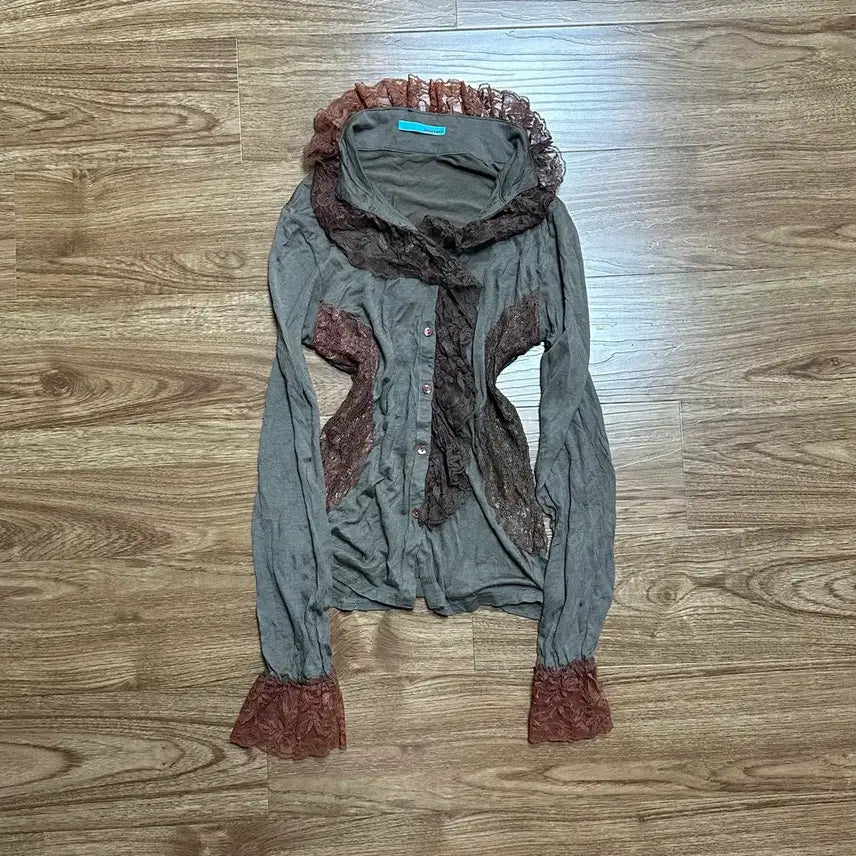 [BUNJANG] Vintage Green Brown Lace Blouse / 빈티지 그린 브라운 레이스 블라우스