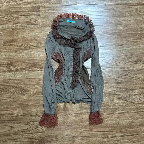 [BUNJANG] Vintage Green Brown Lace Blouse / 빈티지 그린 브라운 레이스 블라우스
