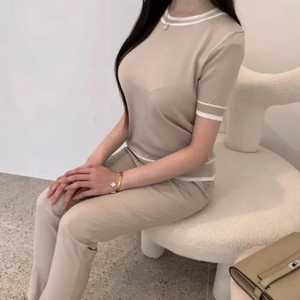 [BUNJANG] Beige Color Block Short Sleeve Knit Top / 베이지 배색 반팔 니트 수입의류 (실사O)