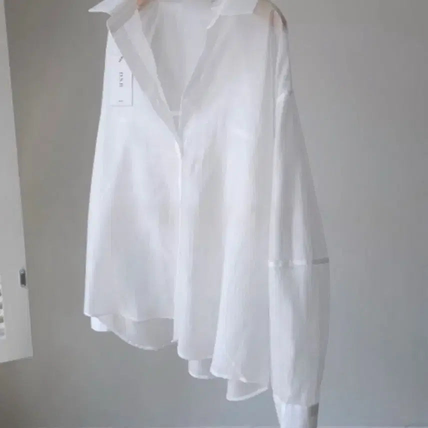 [BUNJANG] White See-through Balloon Sleeve Oversized Shirt / 화이트 시스루 벌룬소매 오버핏 셔츠