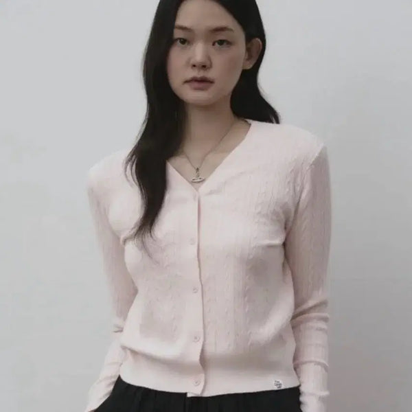 [BUNJANG] The Green Lab V-Neck Cable Knit Cardigan - Light Pink / 더그린랩 브이넥 케이블 니트 가디건 라이트핑크