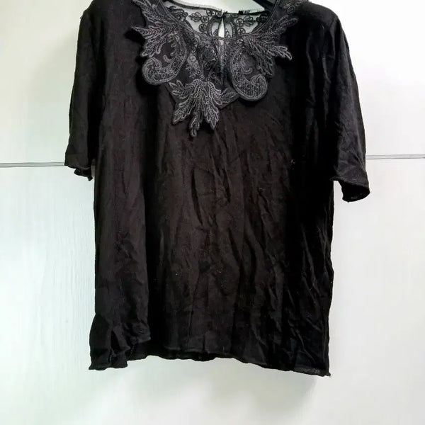 [BUNJANG] Zara Lace Trimmed Black Short Sleeve T-Shirt / 갸루 레이스 장식 블랙 반팔 티셔츠