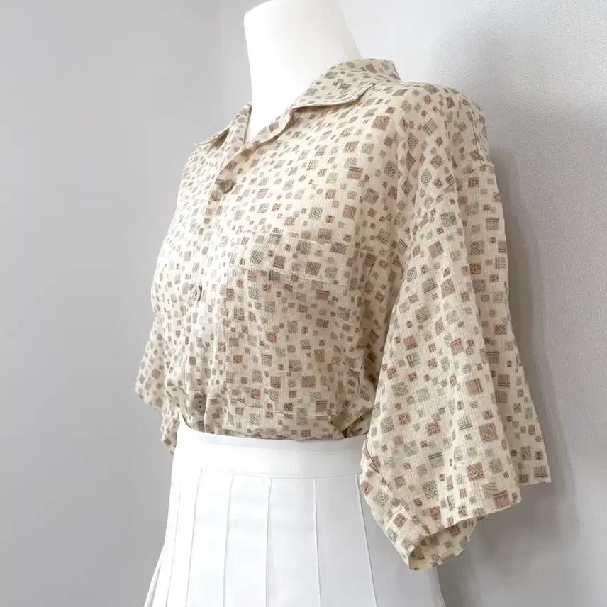 [BUNJANG] Vintage Pattern Short Sleeve Shirt & White Pleated Skirt School Uniform Set / 교복코디세트 빈티지패턴반팔셔츠&화이트플리츠스커트 교복룩 일녀깔 여름방학 JK 소녀