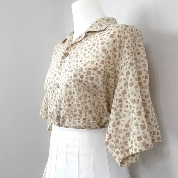 [BUNJANG] Vintage Pattern Short Sleeve Shirt & White Pleated Skirt School Uniform Set / 교복코디세트 빈티지패턴반팔셔츠&화이트플리츠스커트 교복룩 일녀깔 여름방학 JK 소녀