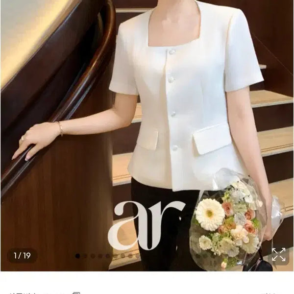 [BUNJANG] Attractive Summer Tweed Square Neck Short Sleeve Jacket / [새상품]아뜨랑스 (국내제작) (여름트위드/고급미/격식룩) 레피노 스퀘어넥 트위드 반팔 자켓